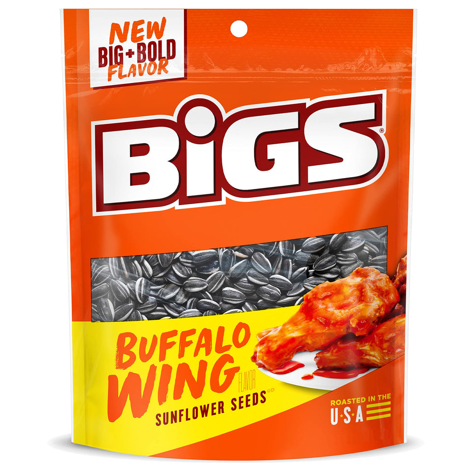 BIGS Buffalo Wing Sunflower Seeds in resealable bag for on-the-go snacking