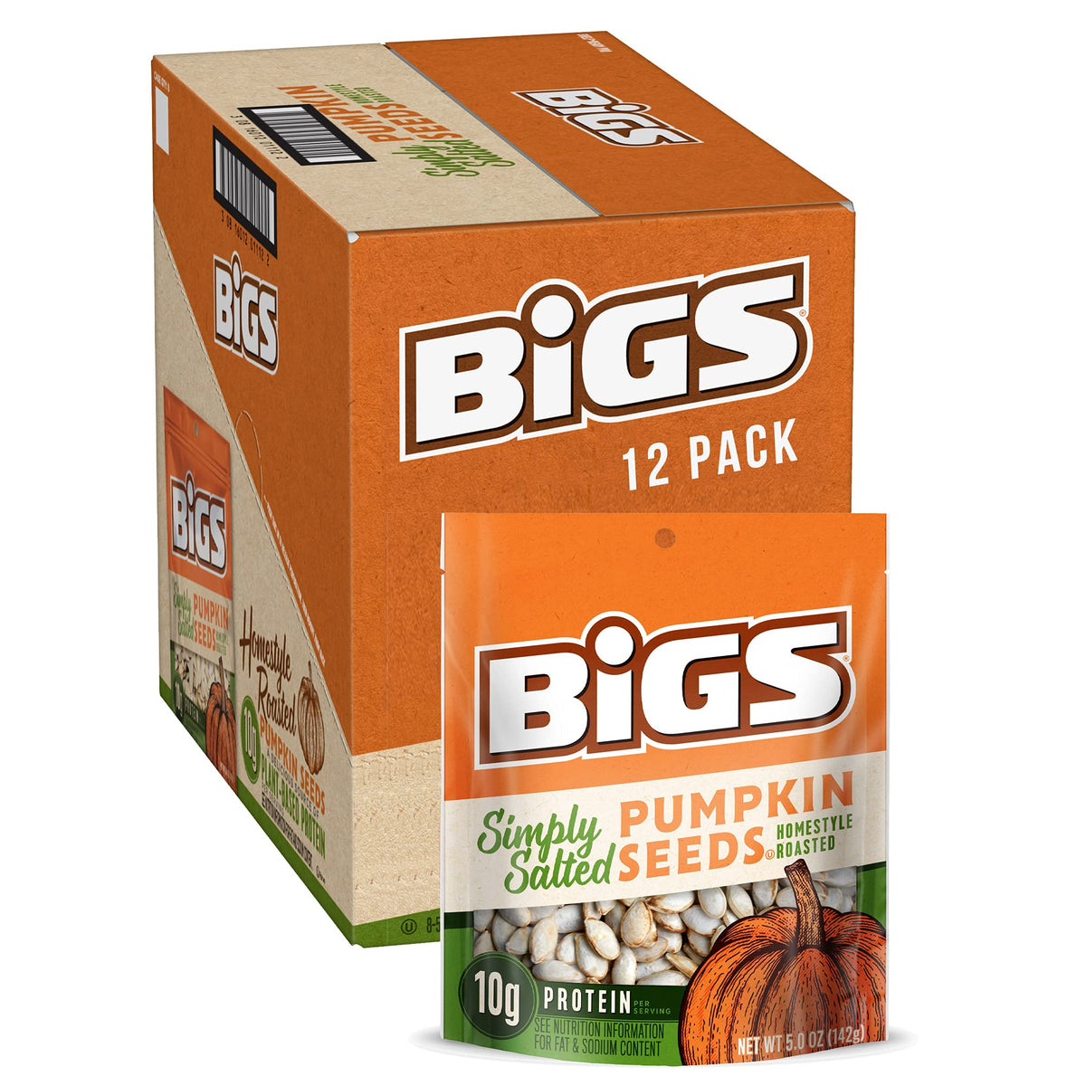 BIGS pumpkin seeds Simply Salted bag showing crisp oven-fresh flavor