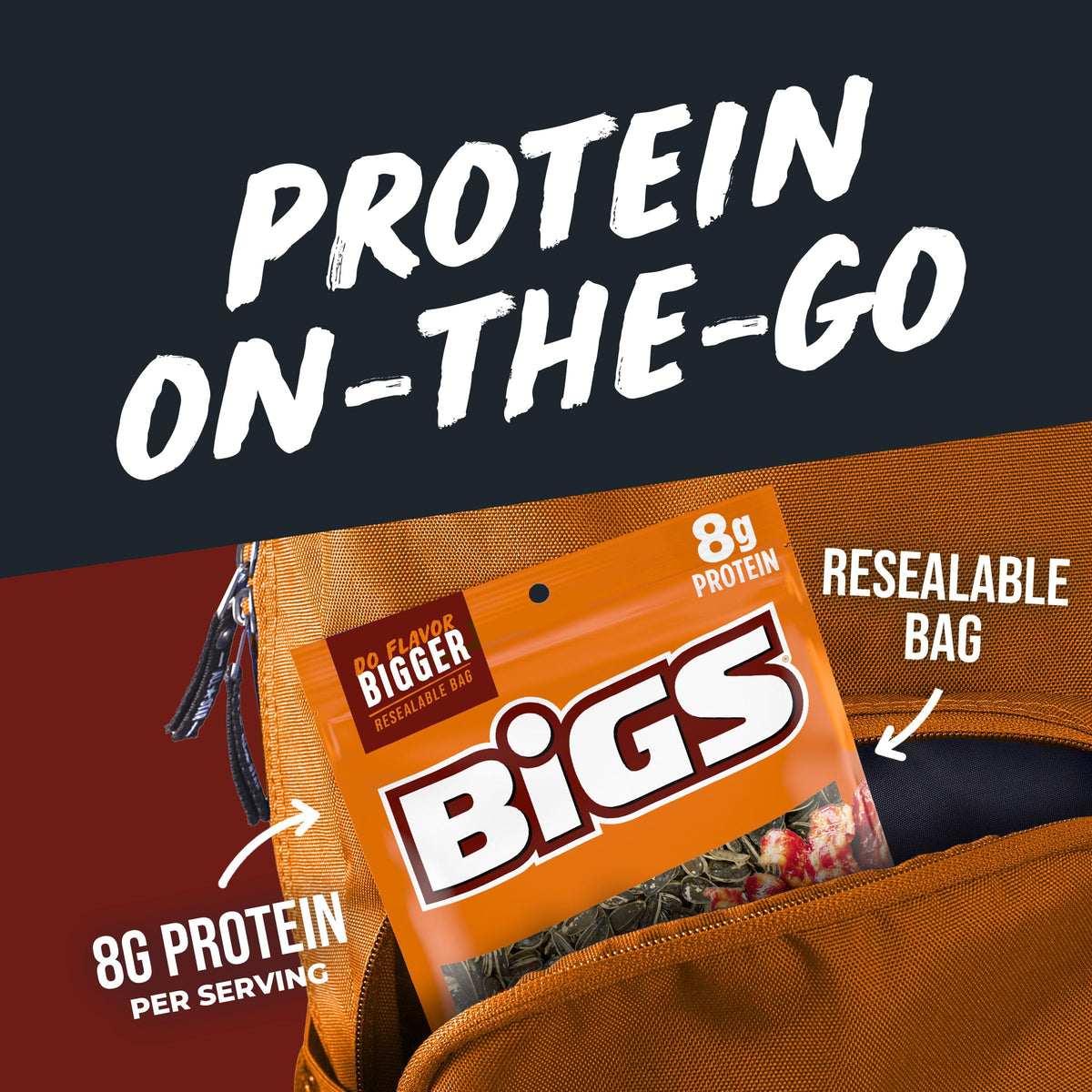 Resealable BIGS bag shown for freshness and convenient travel snacking