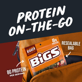 Resealable BIGS bag shown for freshness and convenient travel snacking