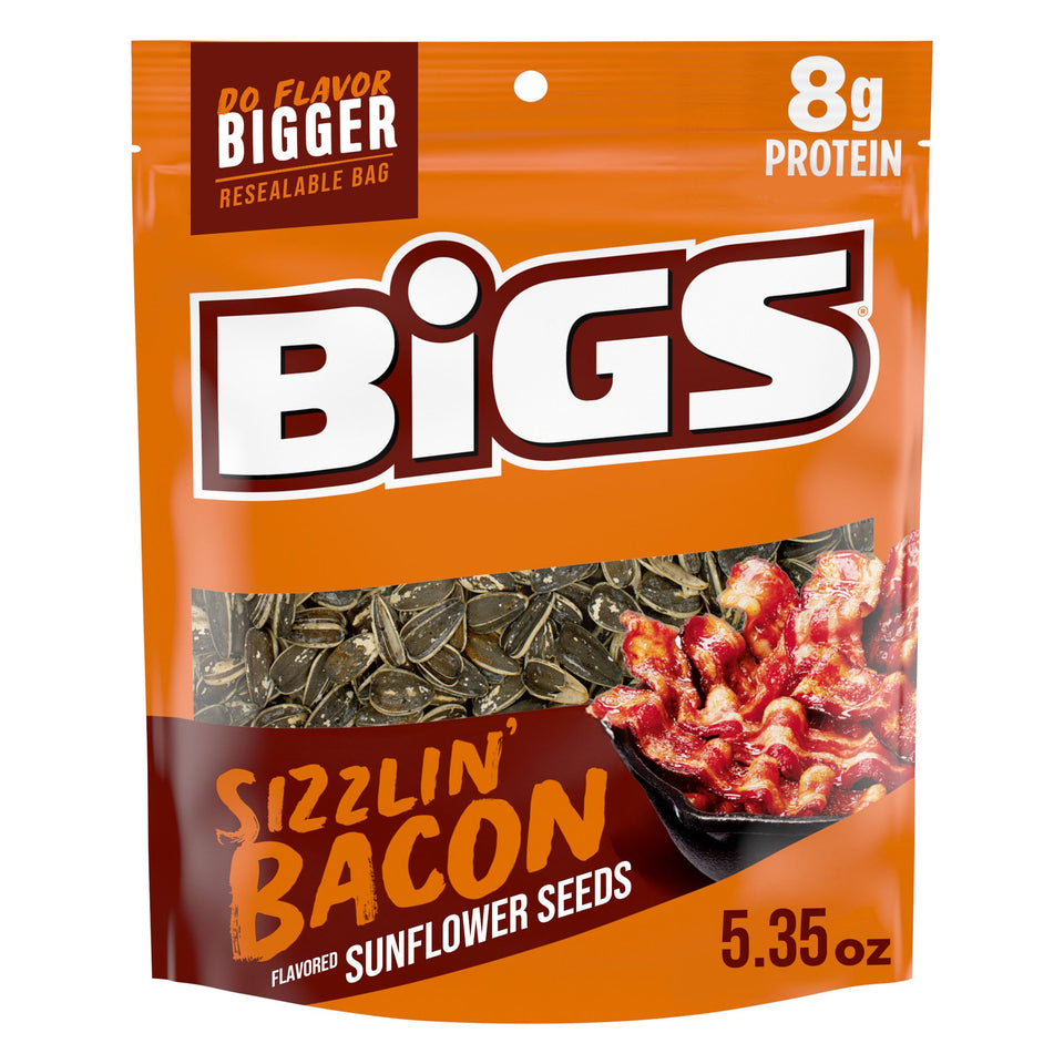 BIGS Sizzlin' Bacon sunflower seeds in a twelve-pack, resealable for on-the-go snacking