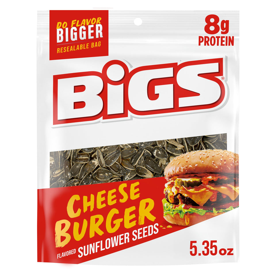 BIGS Sunflower Seeds Cheeseburger flavor bag front, ideal for on-the-go snacking