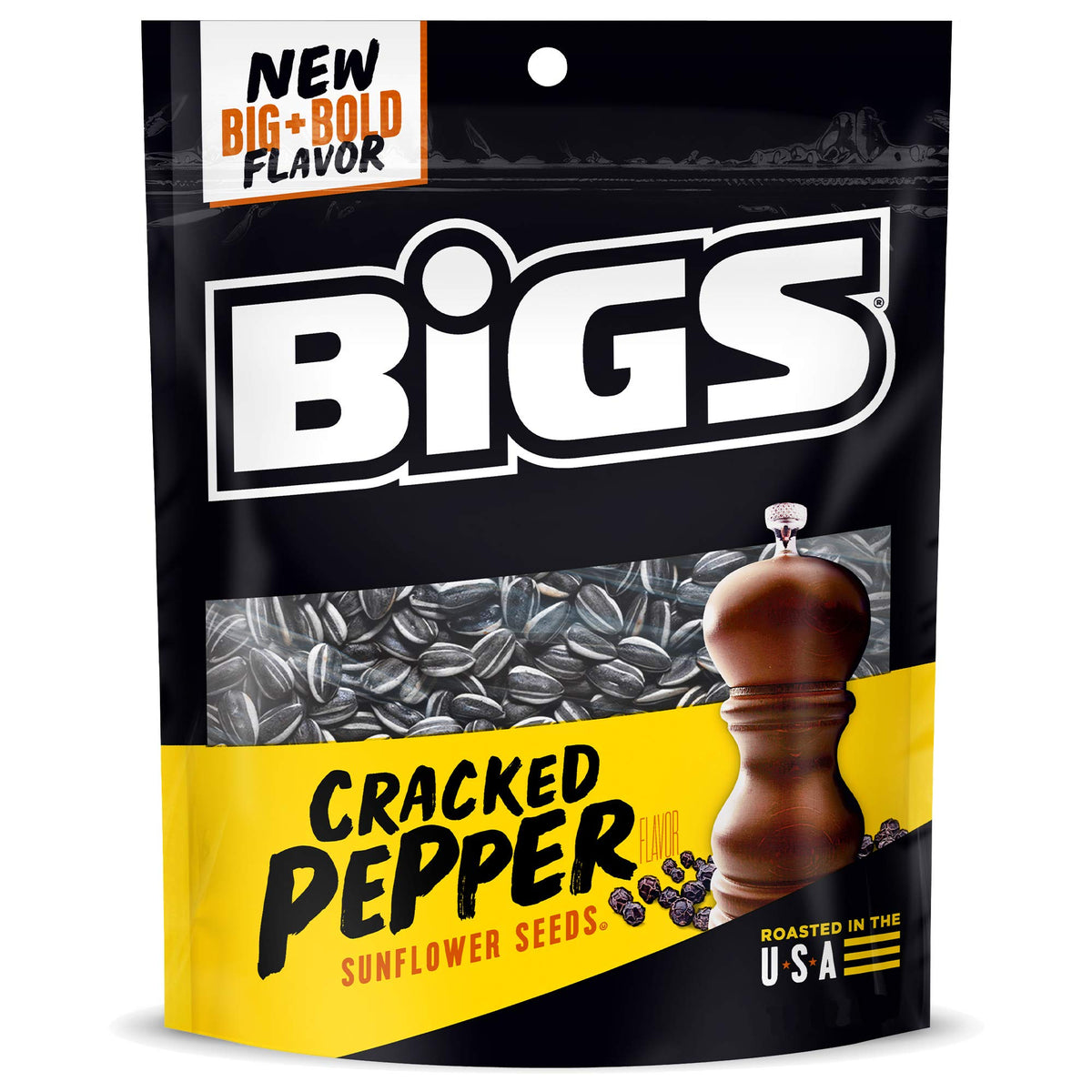 BIGS cracked pepper sunflower seeds in resealable bags offer convenient protein for on-the-go snacking.