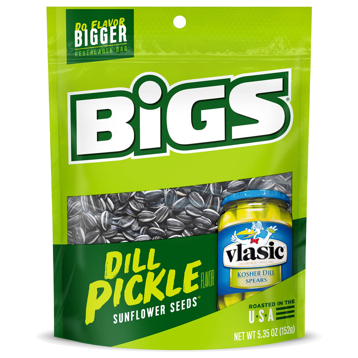BIGS Vlasic Dill Pickle Sunflower Seeds packaging with resealable bag for on-the-go snacking