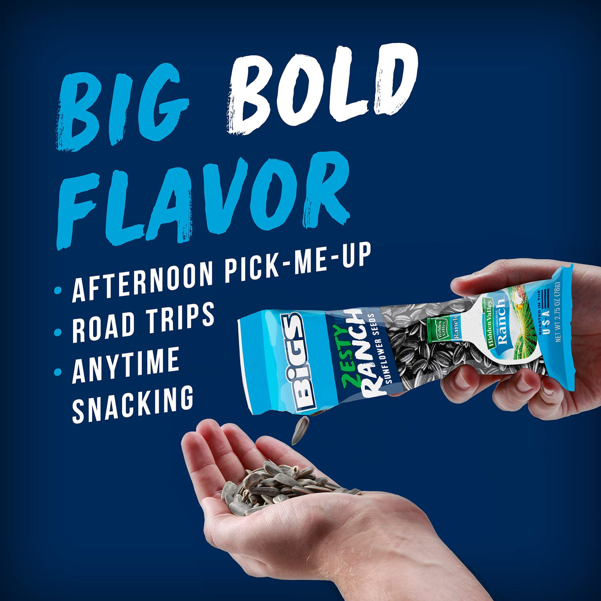 Tightly sealed BIGS 2.75 oz bag offers convenient snack on the move