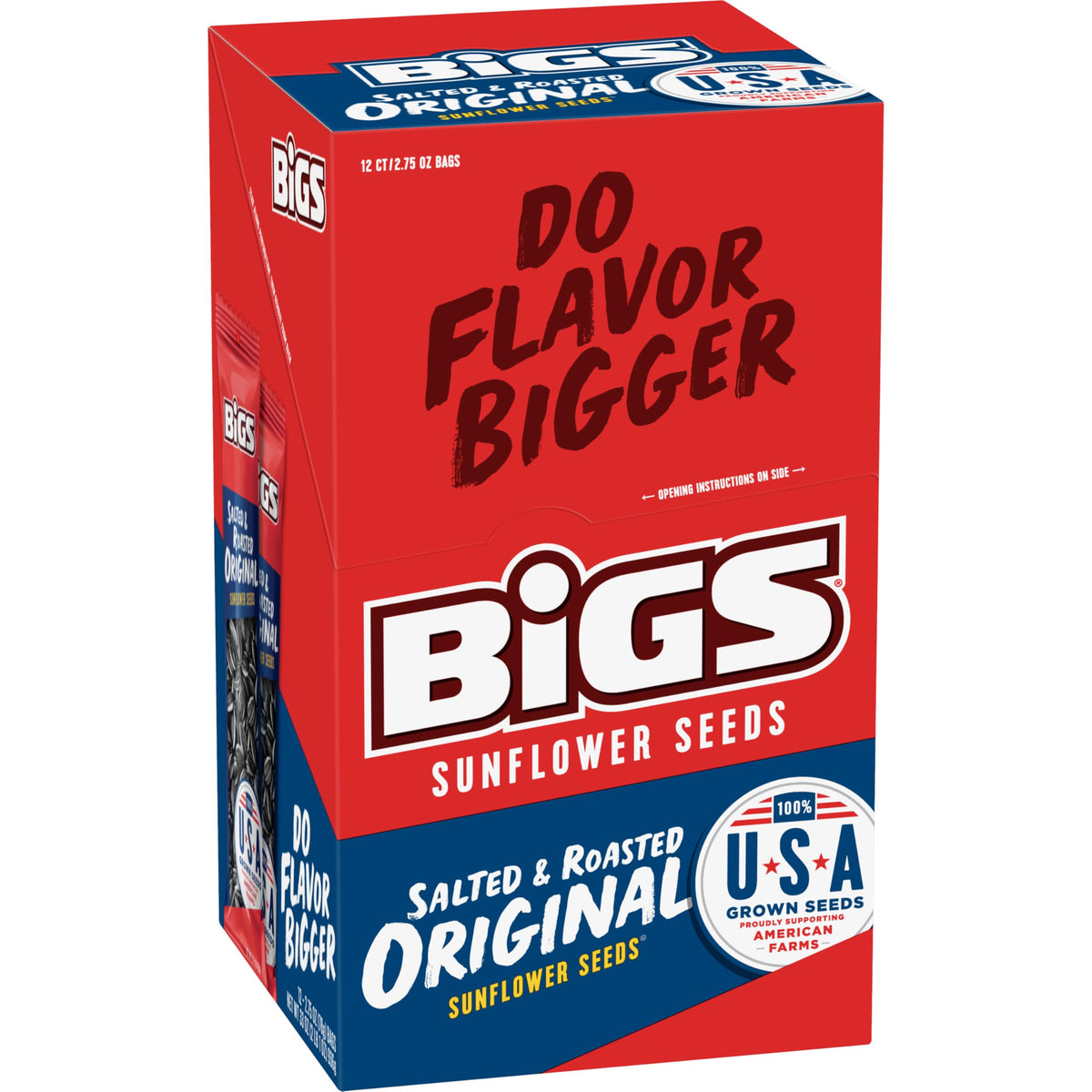 Close-up of resealable BIGS bags showing salted roasted sunflower seeds