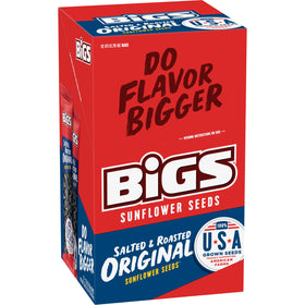 Close-up of resealable BIGS bags showing salted roasted sunflower seeds