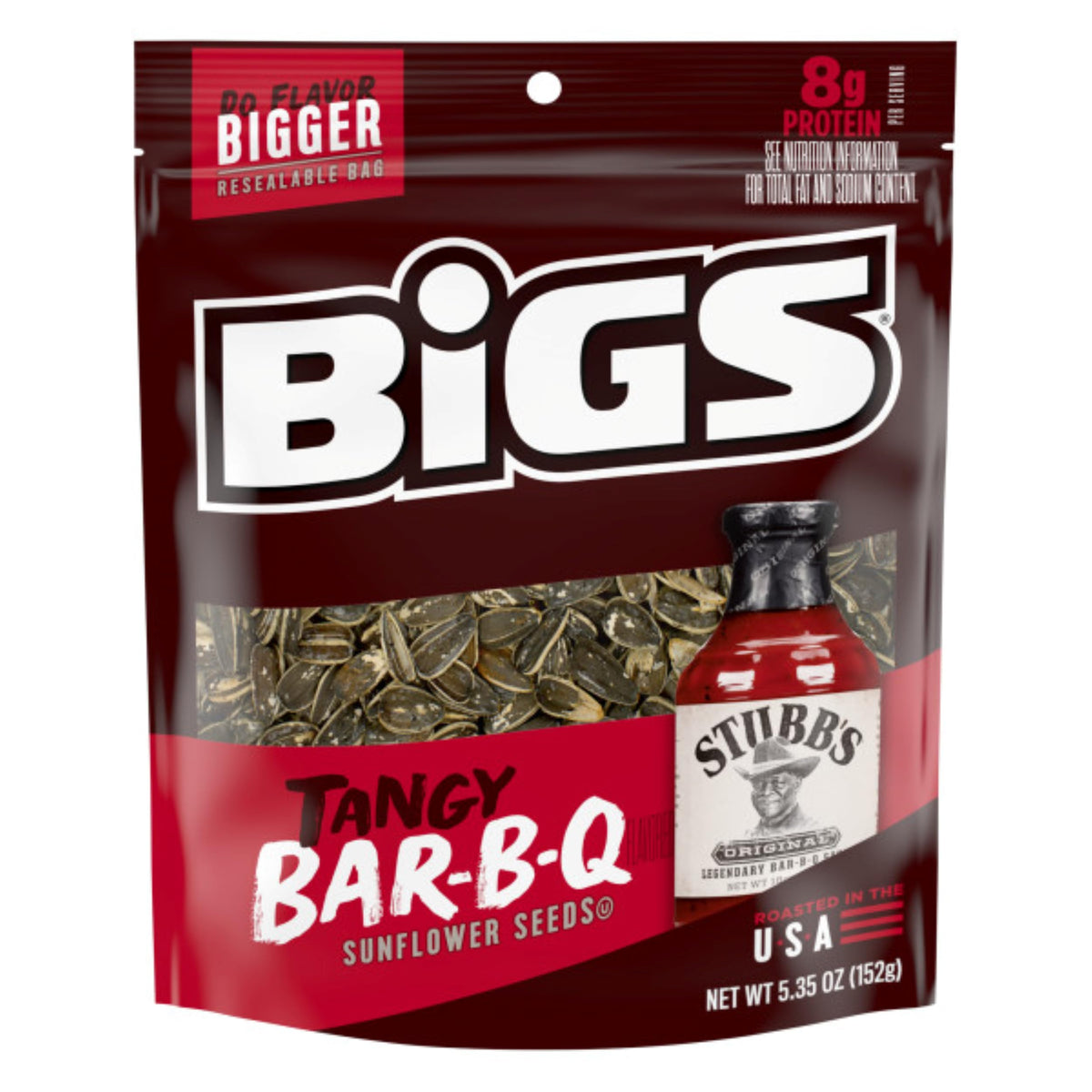 BIGS Stubb's Bar-B-Que sunflower seeds in resealable packaging for convenient on-the-go snacking.
