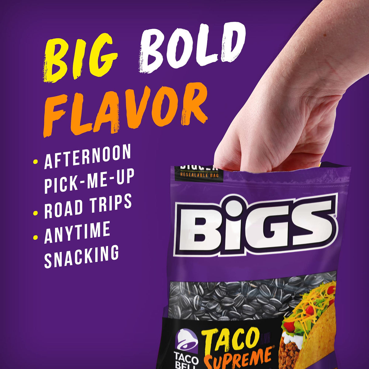 BIGS Taco Bell Taco Supreme seeds in resealable packaging for freshness.