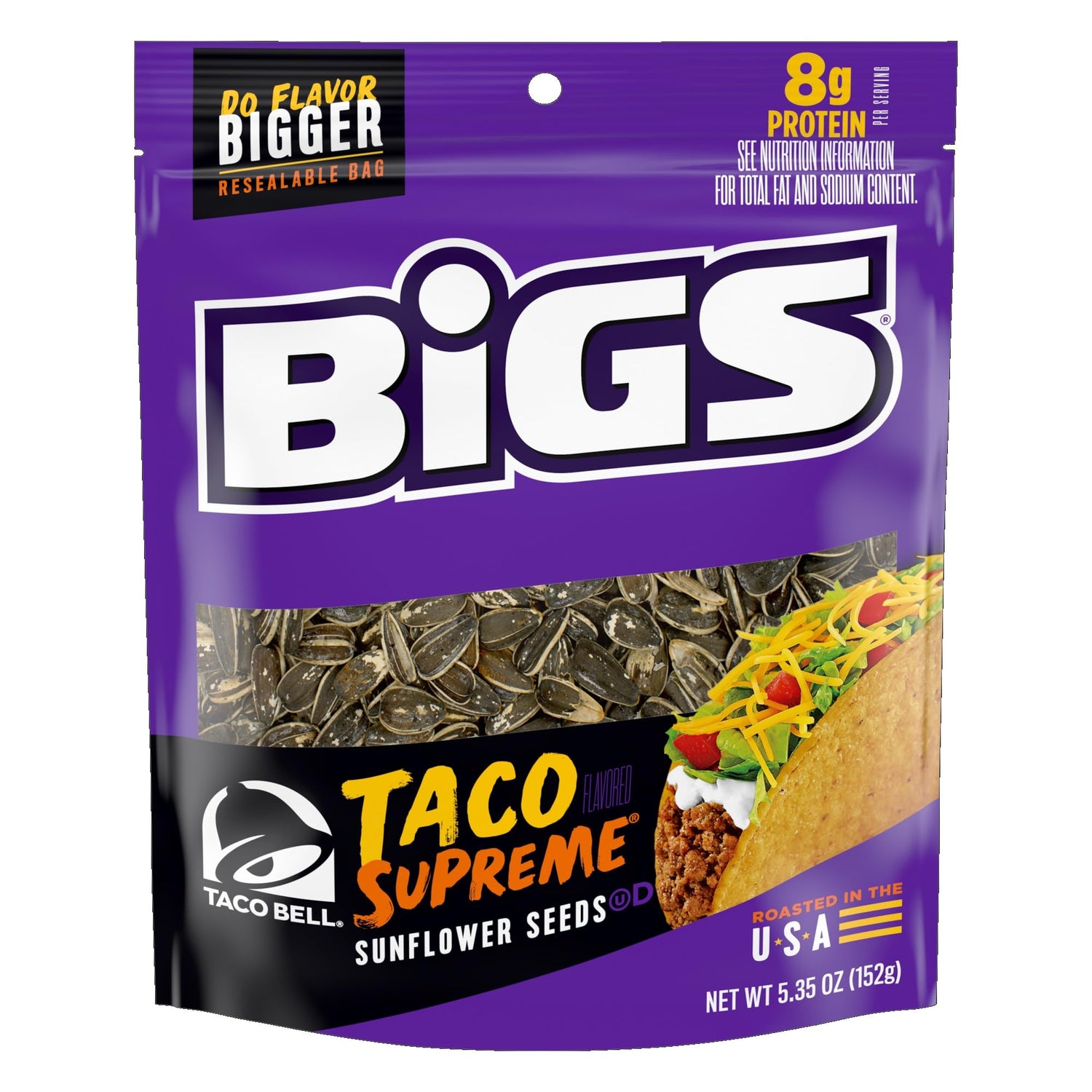BIGS Taco Bell Taco Supreme seeds in a bag, ideal for on-the-go snacking.