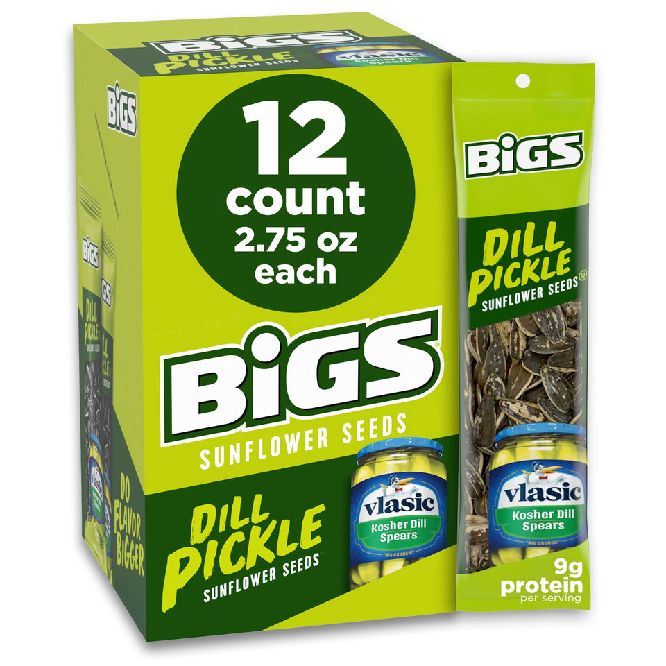 BIGS Vlasic Dill Pickle sunflower seeds with crisp crunch for on-the-go snacking