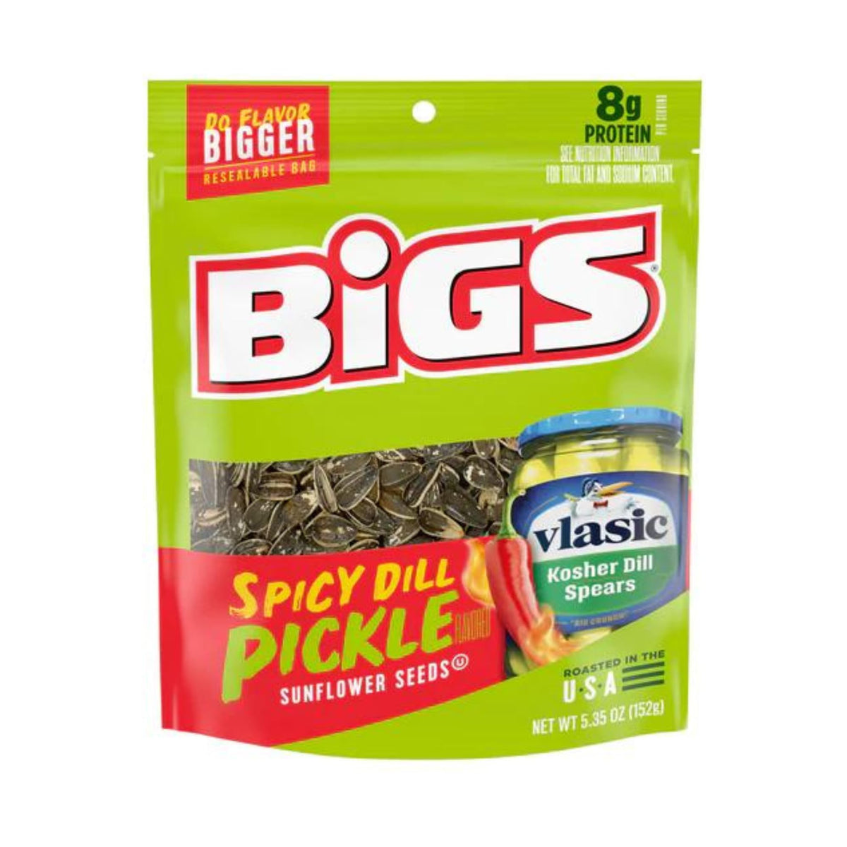 BIGS Vlasic spicy dill pickle sunflower seeds resealable bag preserves freshness between bites