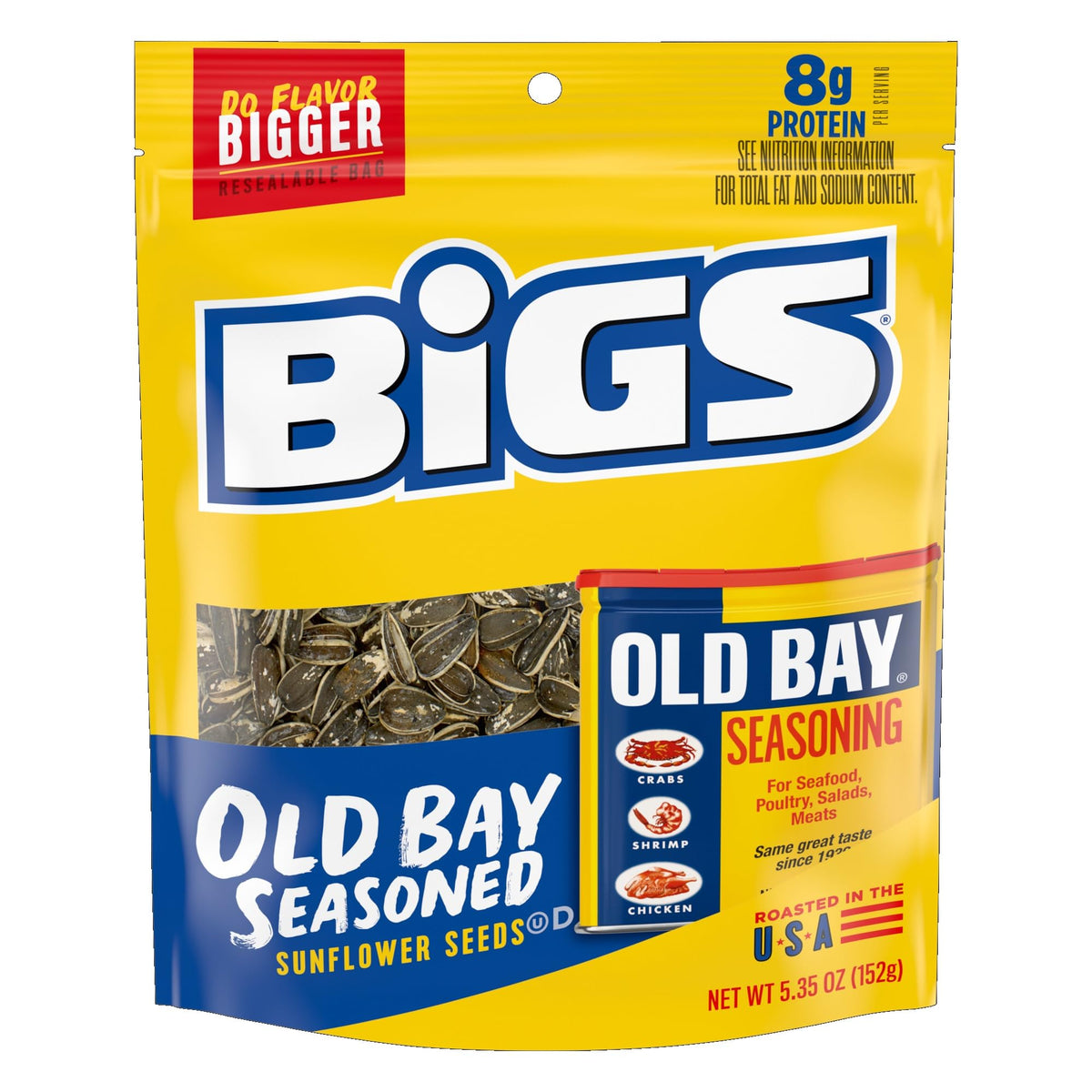 BIGS Old Bay sunflower seeds in a bag, savory, easy on-the-go snack.