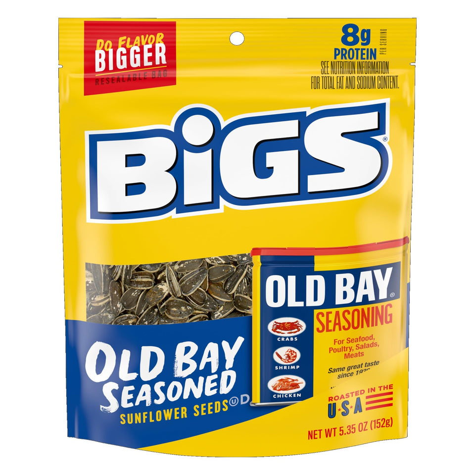 BIGS Old Bay sunflower seeds in a bag, savory, easy on-the-go snack.