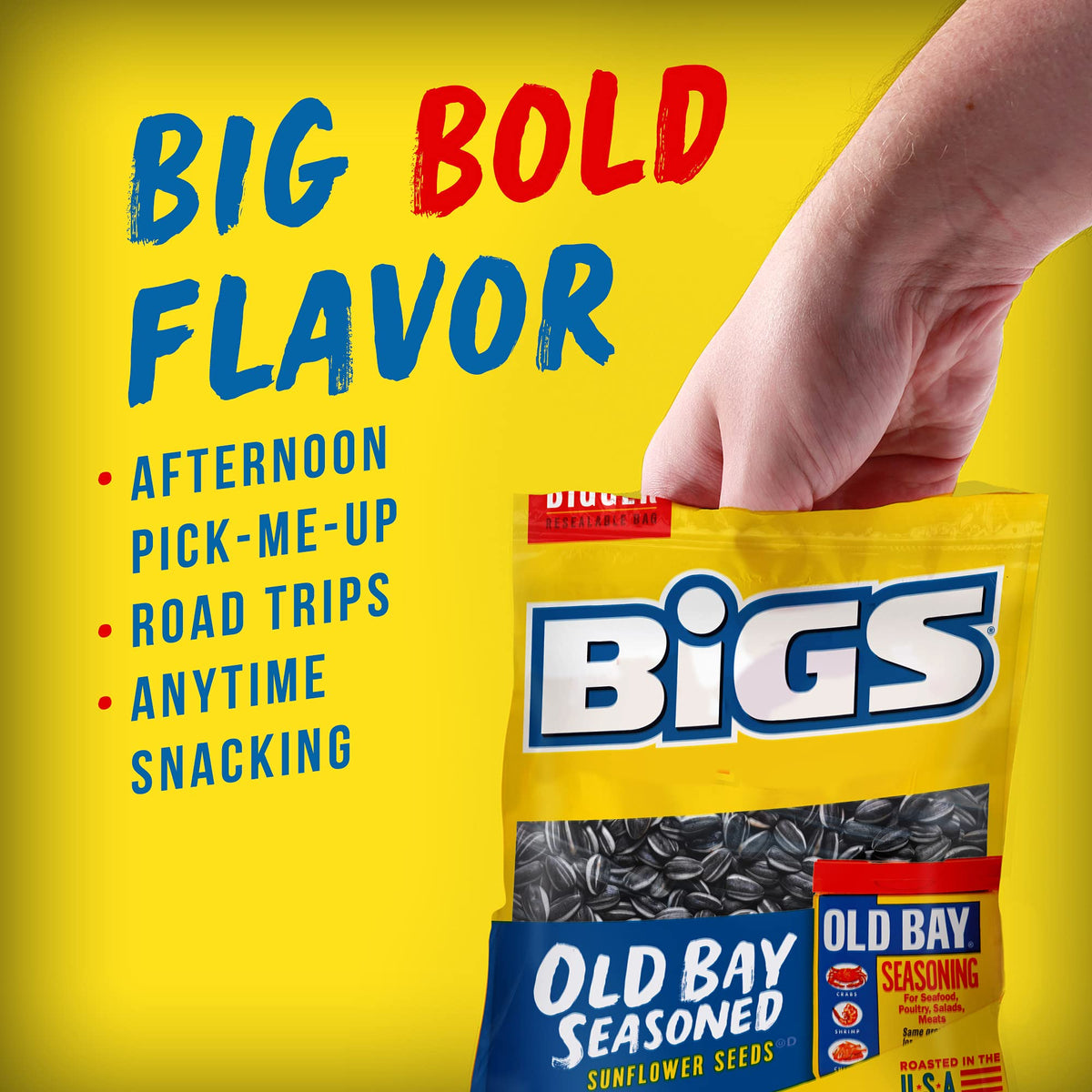 BIGS resealable bag keeps freshness for on-the-go snacking.