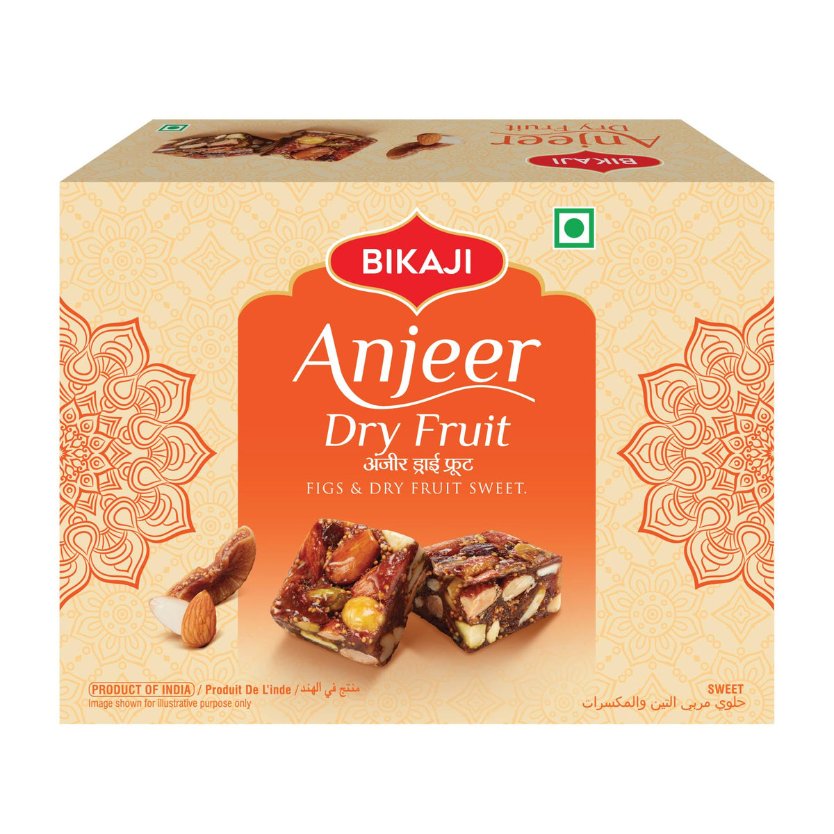 BIKAJI Anjeer Burfi packaging box highlights premium ingredients for gifting occasions.