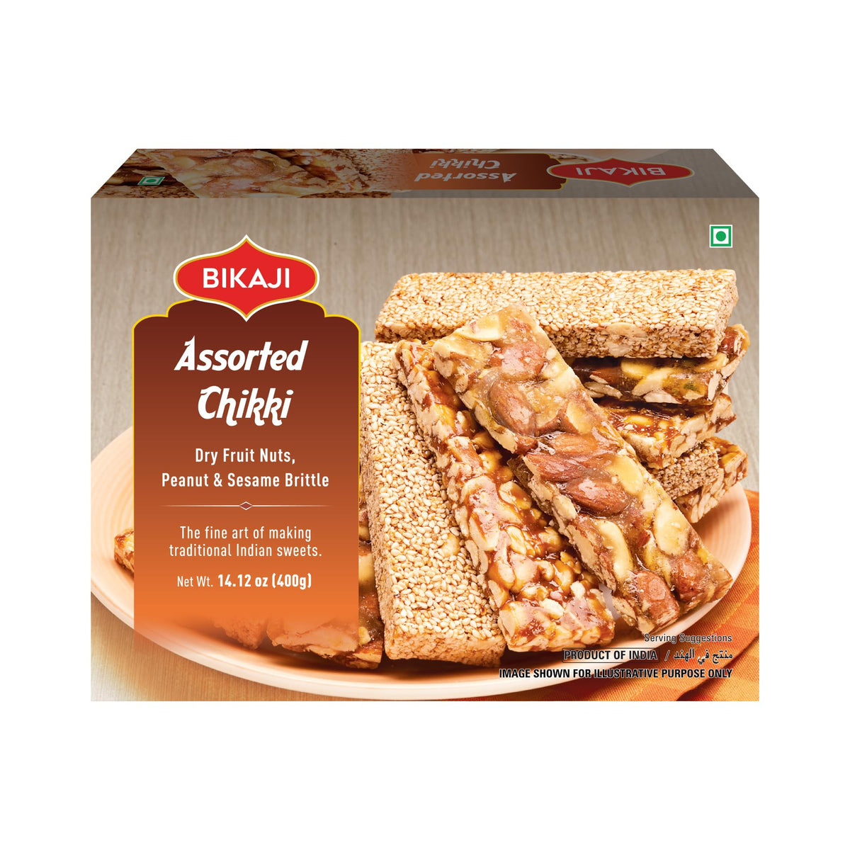 Bikaji Assorted Chikki Bar close-up showing peanut-sesame crunch and premium ingredients