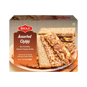 Bikaji Assorted Chikki Bar close-up showing peanut-sesame crunch and premium ingredients