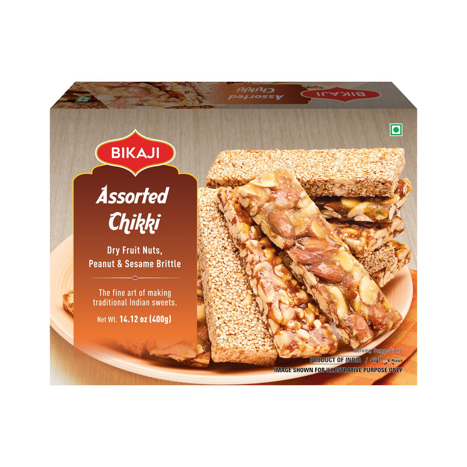 Bikaji Assorted Chikki Bar close-up showing peanut-sesame crunch and premium ingredients