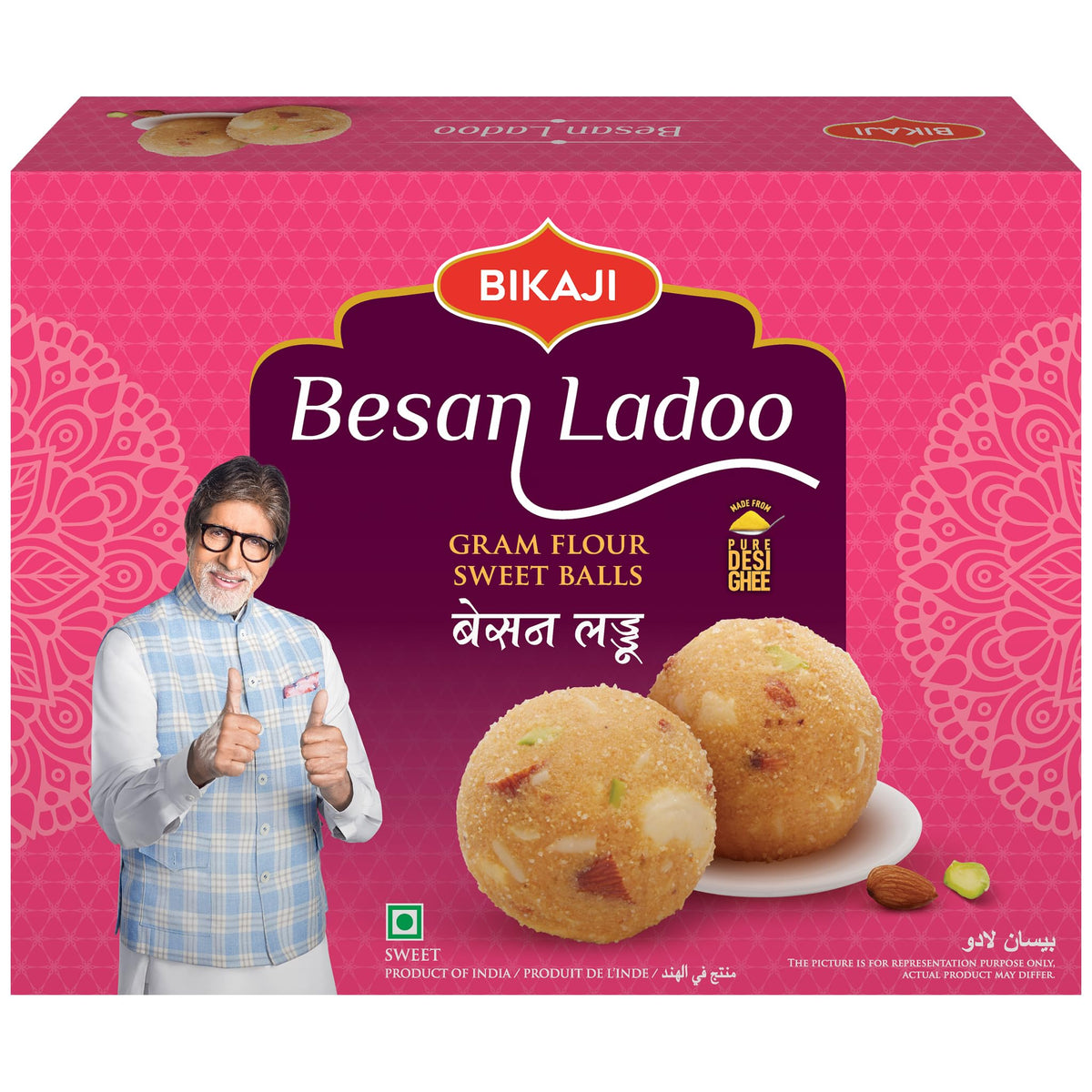 BIKAJI Besan Ladoo appearance with golden color and visible almonds and pistachios for festive dessert