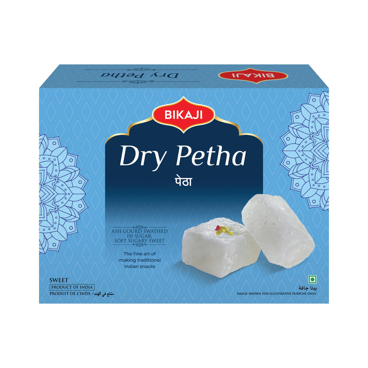 BIKAJI Dry Petha pack closeup, authentic Agra flavor ideal for celebrations.