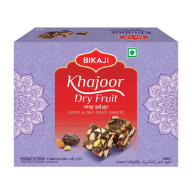 BIKAJI Khajoor Dry Fruit Burfi packaging highlighting premium ingredients and gifting appeal.