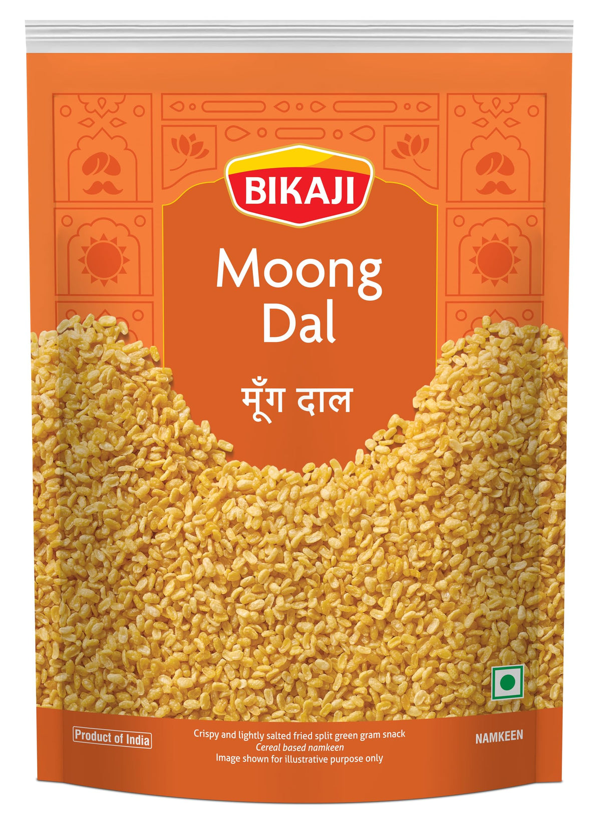 BIKAJI Moong Dal golden beads pack crisp ready-to-eat snack for tea time.