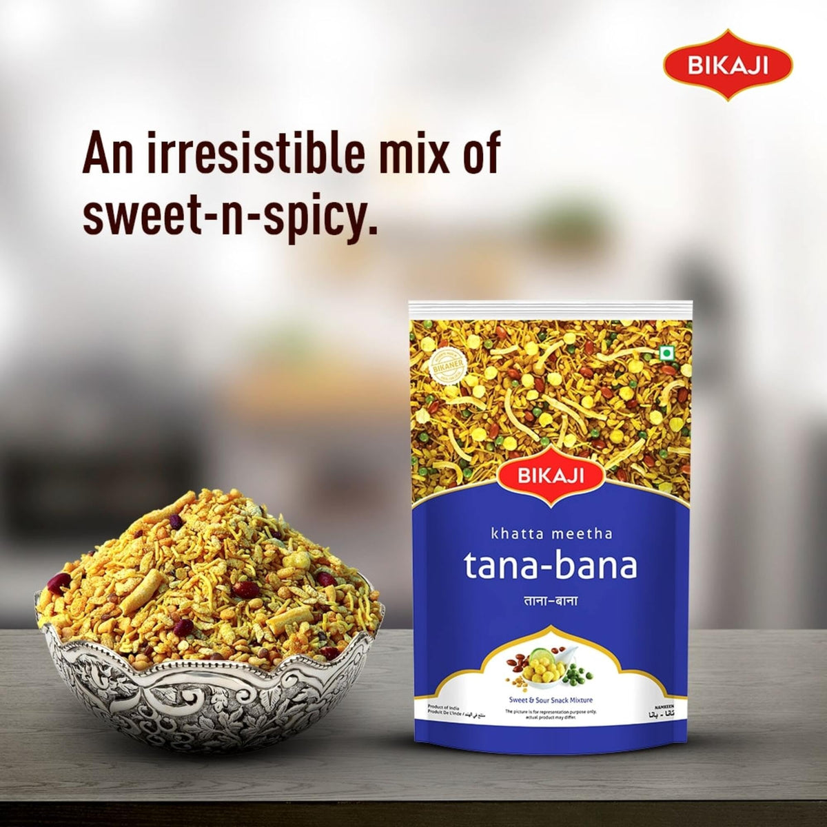 Bikaji Tana Bana Khatta Meetha in a snack bowl for gatherings