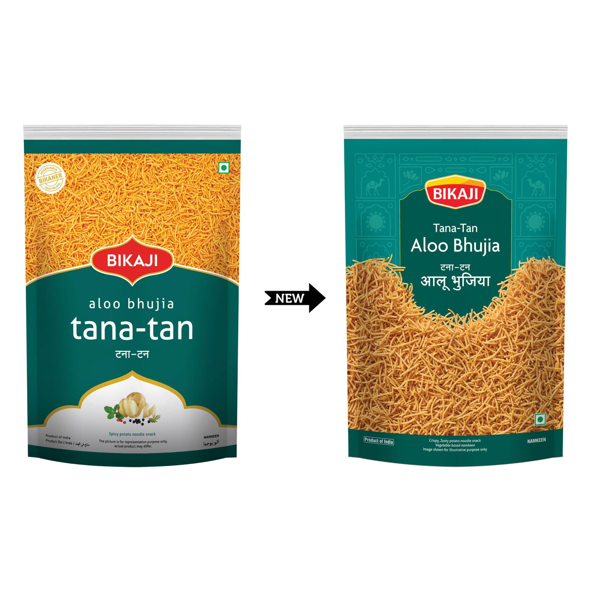 Bikaji Tana-Tan Aloo Bhujia crisp strands with bold spice, tea-time snack.