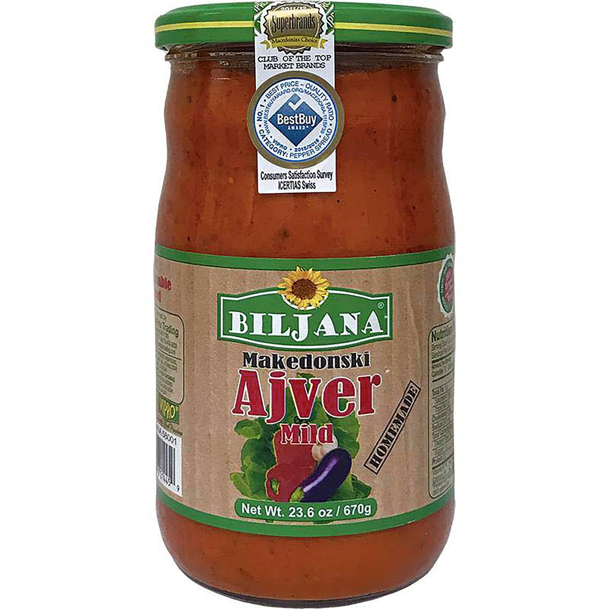 Biljana Ajvar Mild 23.6 oz jar, a versatile spread for sandwiches and grilled vegetables.