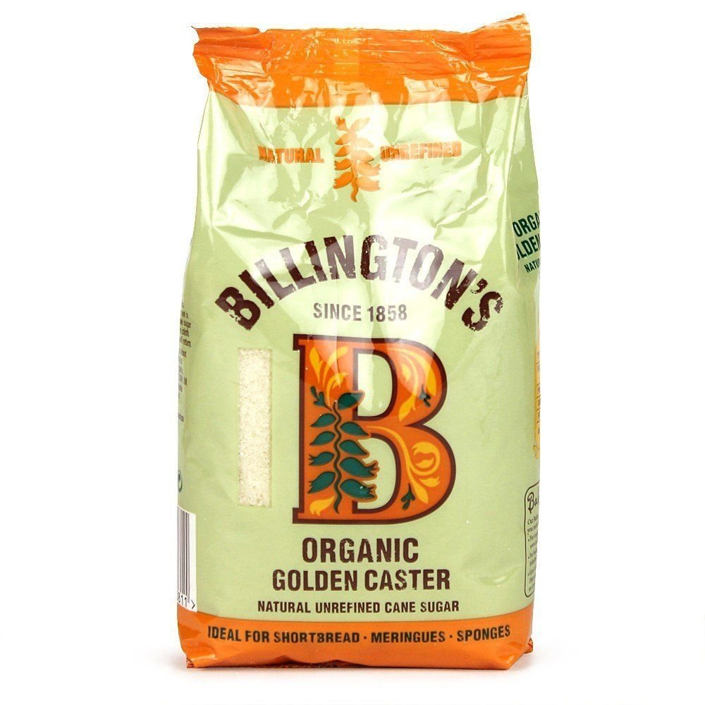 Billington's Organic Golden Caster Sugar 500g packaging for premium baking.