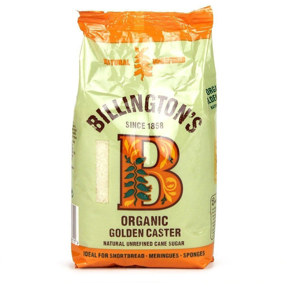 Billington's Organic Golden Caster Sugar 500g packaging for premium baking.