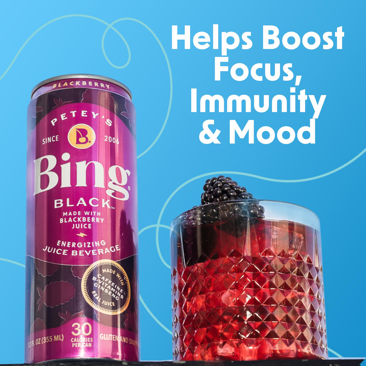 Bing Black nutrition panel emphasizes low calories and sugar.