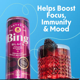 Bing Black nutrition panel emphasizes low calories and sugar.