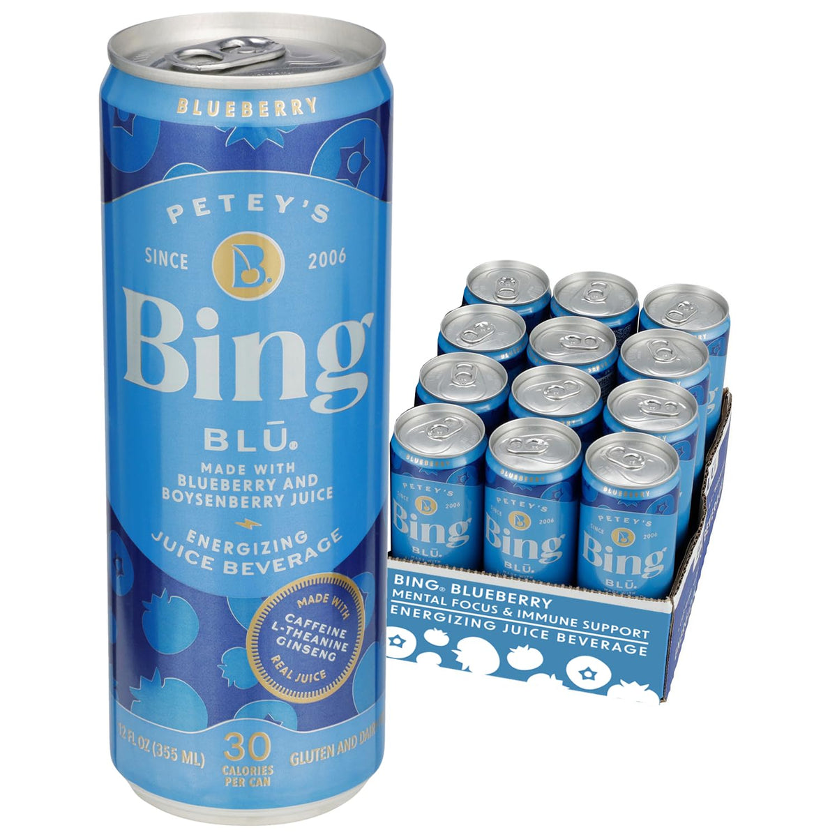 BING Blueberry Energizing Juice Beverage can front view emphasizes real juice and caffeine boost.