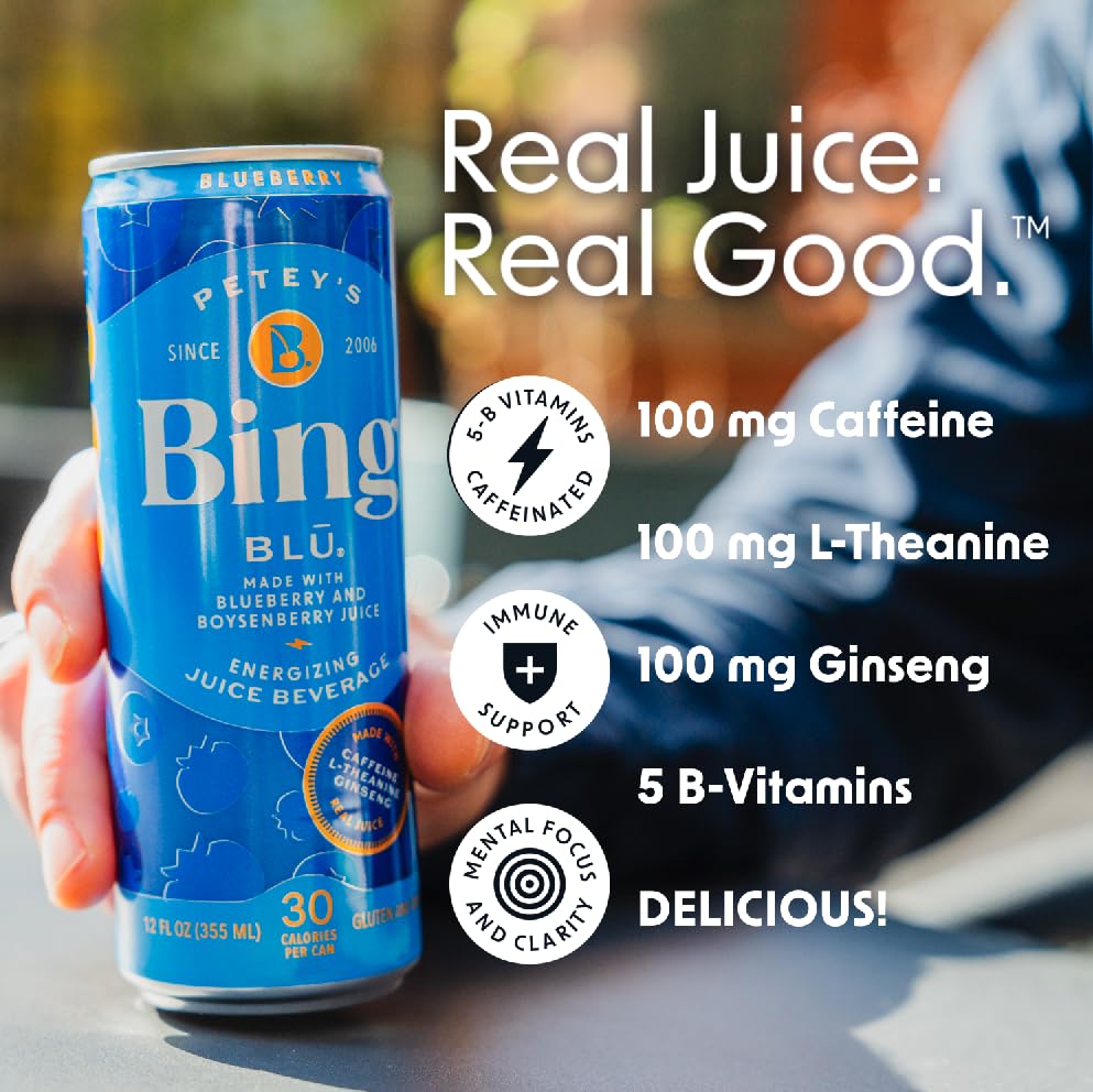 BING Blueberry Energizing Juice Beverage 12-pack case highlights convenient, on-the-go energy.