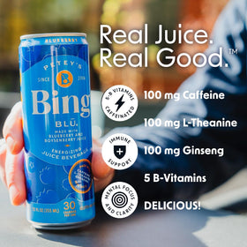 BING Blueberry Energizing Juice Beverage 12-pack case highlights convenient, on-the-go energy.