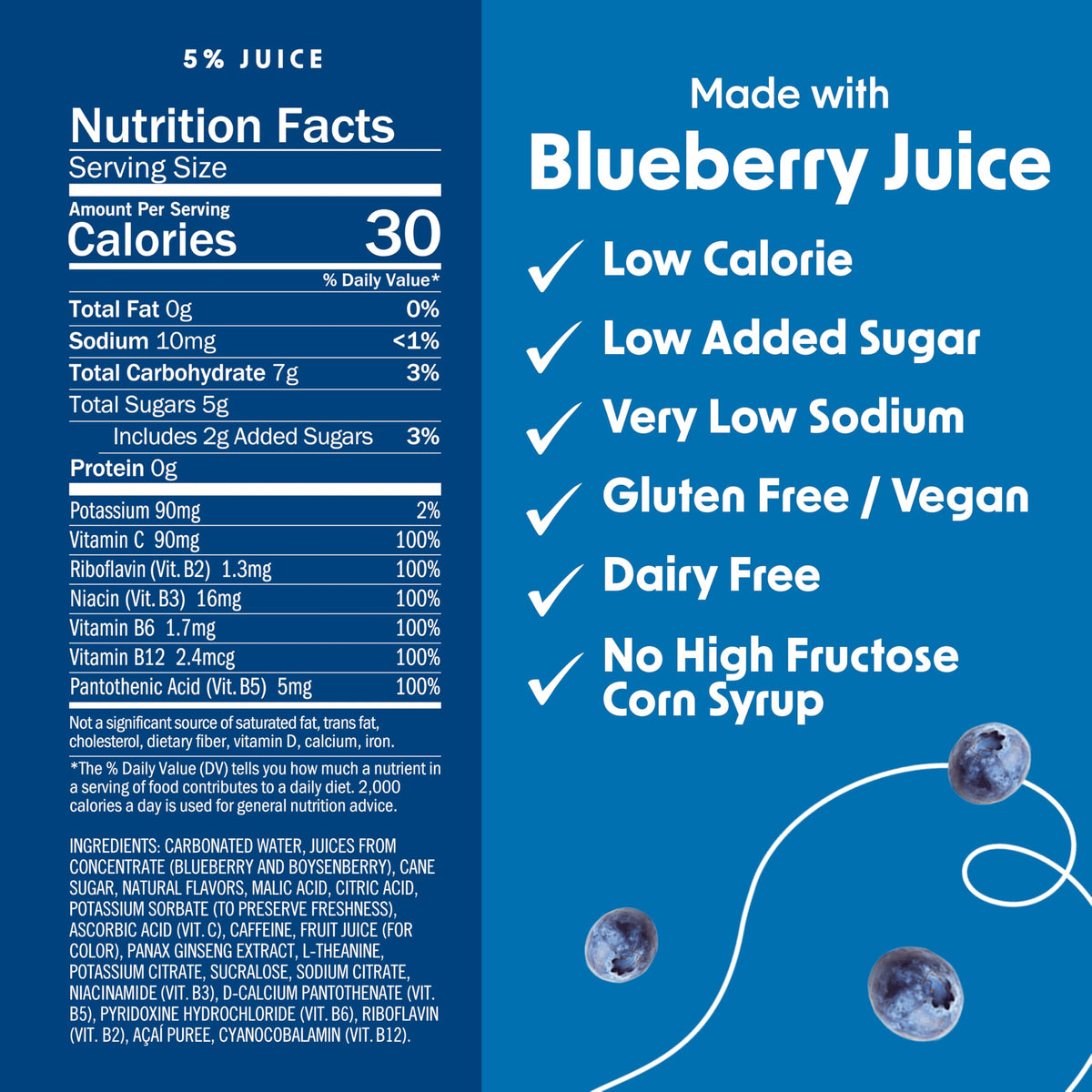 BING Blueberry Energizing Juice Beverage glass pouring suggests refreshing, low-calorie lift.