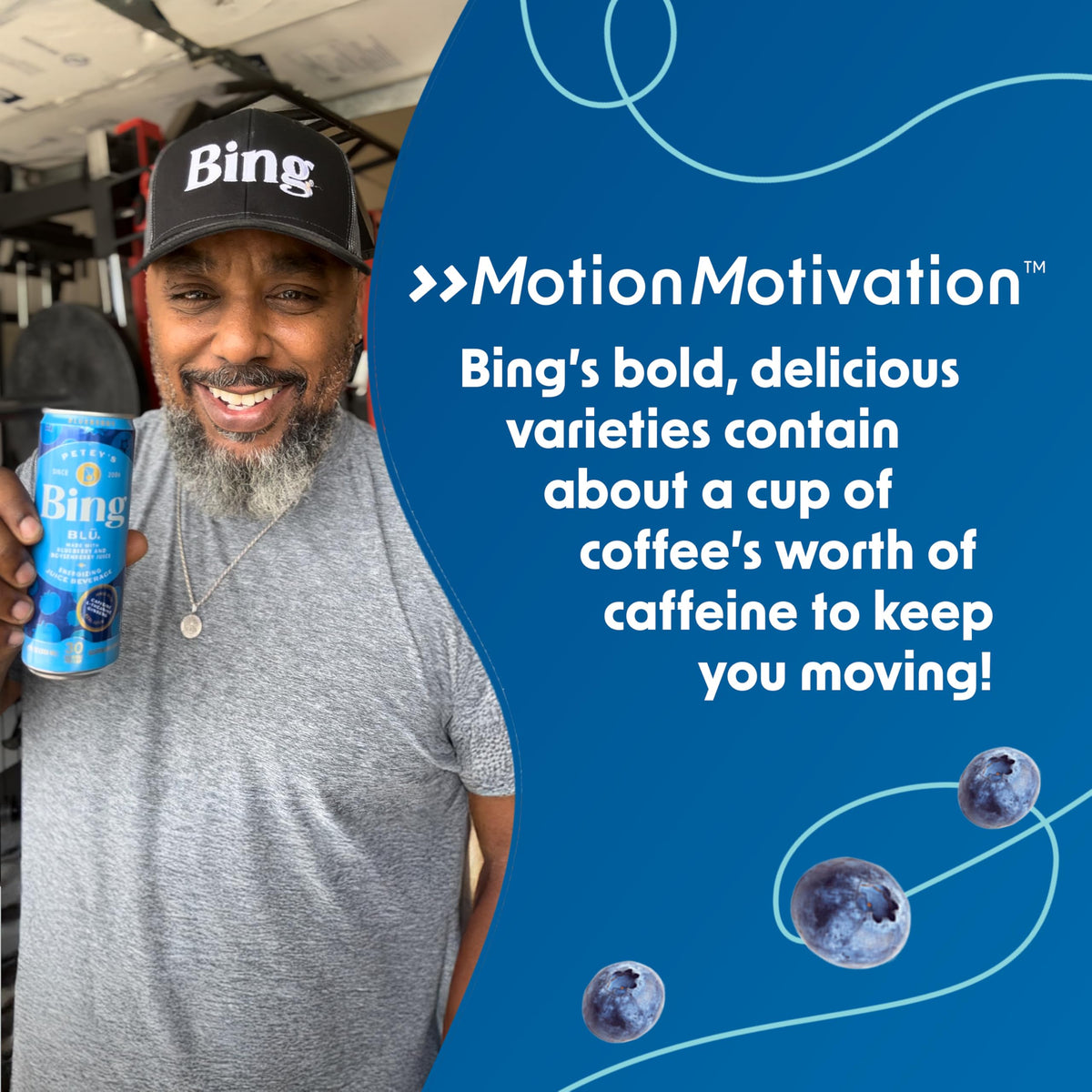 BING Blueberry Energizing Juice Beverage ingredient icons reveal ginseng, L-Theanine, and vitamins.