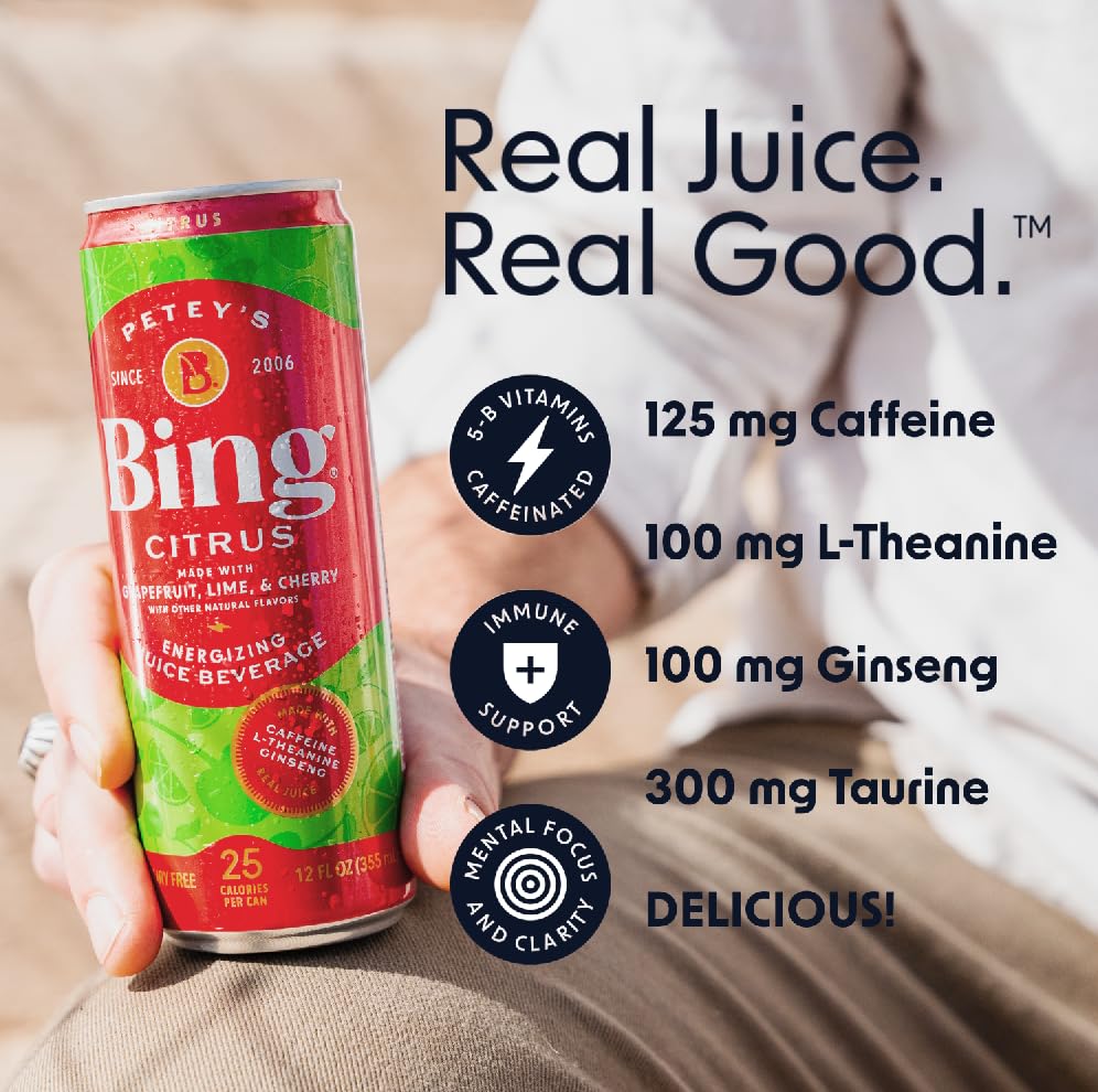 Bing Citrus Energizing Juice Beverage case showing 12 cans for convenient daily energy