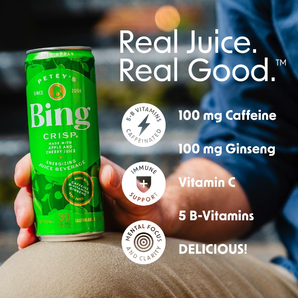 Bing Crisp Apple Cherry label closeup shows vibrant flavor and vitamin blend.