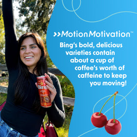 Bing Energizing Juice Black Cherry juice poured into a glass.