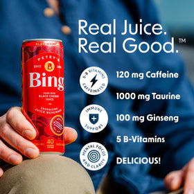 Bing Energizing Juice Original Cherry label highlights real juice.