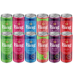 BING Energizing Juice Variety Pack 12oz can on countertop for on-the-go energy