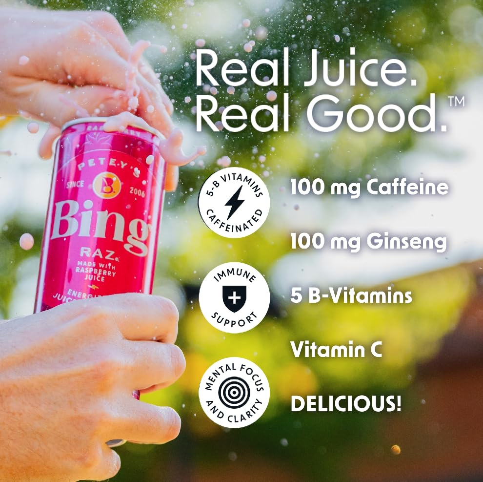 BING RAZ Raspberry label highlights caffeine and vitamin content