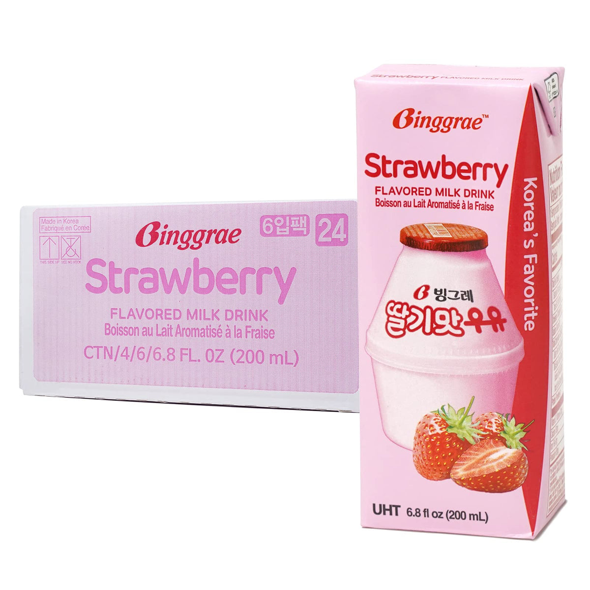 Binggrae Strawberry Milk Drink carton pack, ideal for pantry storage and on-the-go sipping.
