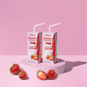 Serving shot of Binggrae Strawberry Milk Drink, a refreshing ready-to-drink option for lunches.