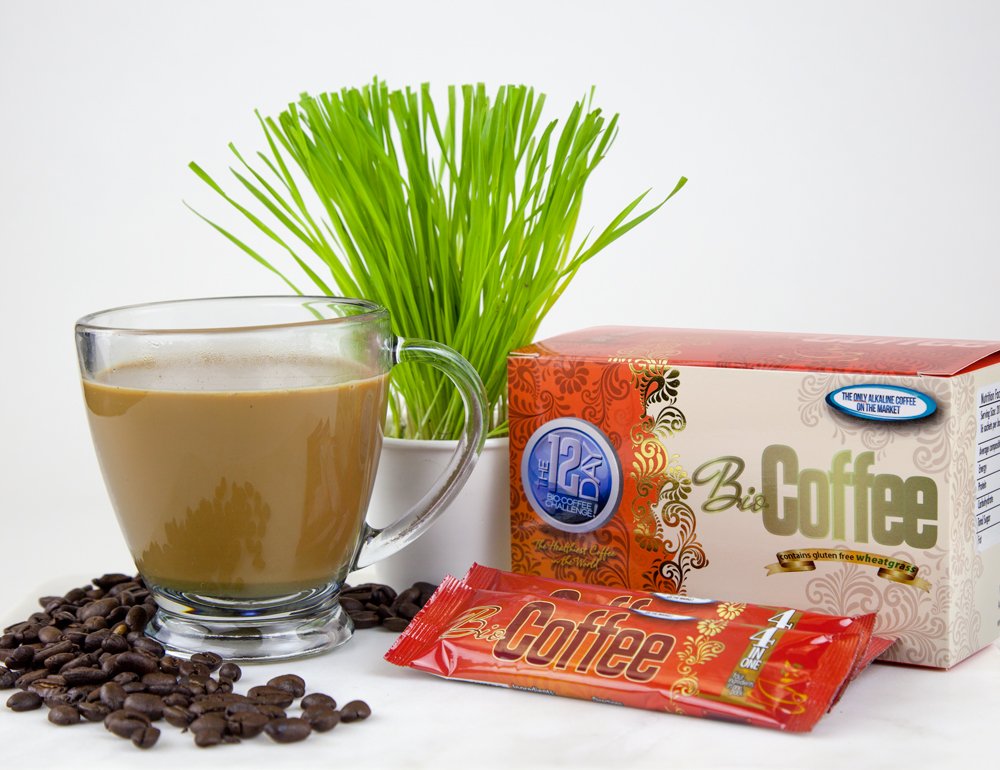Bio Coffee box front showing 12 sachets for daily use