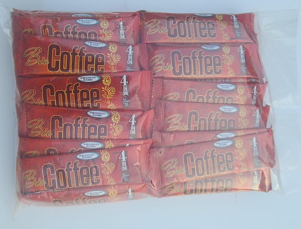 Bio Coffee blends Colombian coffee with wheatgrass for greens-based energy.