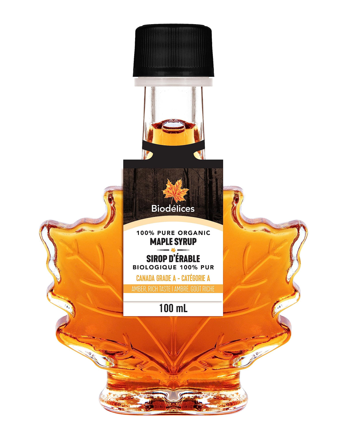 BIODELICES maple syrup leaf bottle on display for premium breakfast